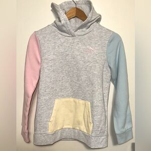 Girls Grey Multicolored Pink and Yellow Puma Fleece Lined Pullover Hoodie